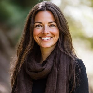 May include: A smiling person with long brown hair and brown eyes. They are wearing a dark brown scarf and a black top. The background is blurred with green and brown tones.