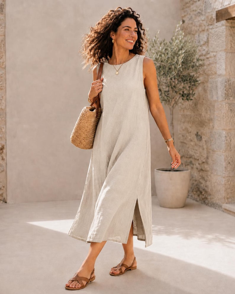 Abito in puro lino – Abito lungo a trapezio in 100% lino con spacco laterale, abito estivo di lusso e sobrio, abito minimalista senza maniche, ideale per le vacanze. immagine 4