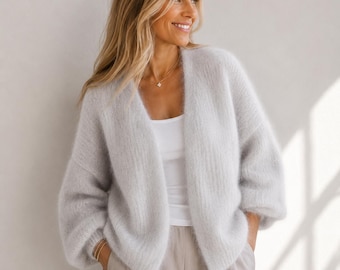 Luxury Mohair Cardigan | Handmade Women’s Knitwear | Soft Layer Sweater | Old Money Quiet Luxury Look | Elegant Scandinavian Style | Blue
