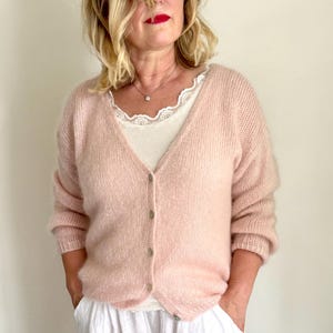 Mohair Cardigan –80% Baby Mohair, Loose Knit Sweater, Oversized for Petite, Regular Fit, Long Sleeve Wrap, Cozy Layering Soft Pink