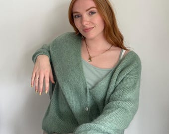 Hand made Mohair Cardigan –80% Baby Mohair, Loose Knit Sweater, Oversized , Regular Fit, Long Sleeve Wrap, Cozy Layering, Sage Green