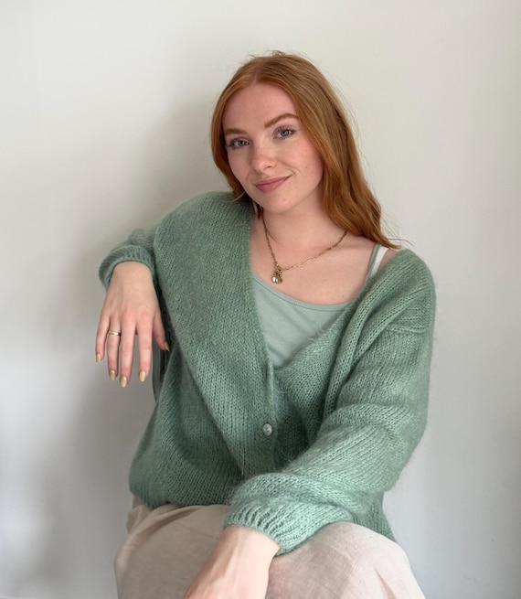 Hand made Mohair Cardigan –80% Baby Mohair, Loose Knit Sweater, Oversized , Regular Fit, Long Sleeve Wrap, Cozy Layering, Sage Green