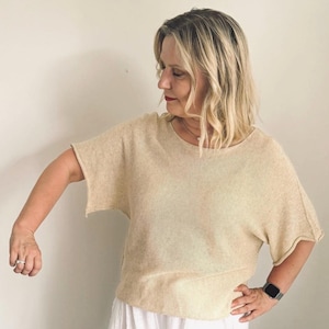100% Cotton Sweater Women – Lightweight Knit Top, Petite Loose Fit, Short Sleeve Pullover, Natural Fiber Jumper, Holiday Outfit, Beige