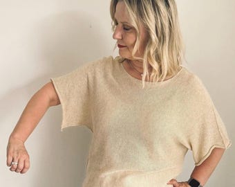 Cotton Sweater Women – Lightweight Knit Top, Short Sleeve Jumper, loose fit Pullover, Natural Scandi Hygge Jumper, Holiday Outfit, Beige