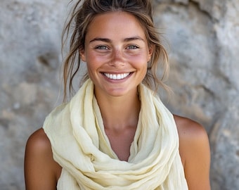 Linen Silk Scarf – Lightweight Natural Scarf, Elegant Summer Wrap, Breathable Travel Shawl, Wedding,  Everyday, Alabaster Butter Yellow
