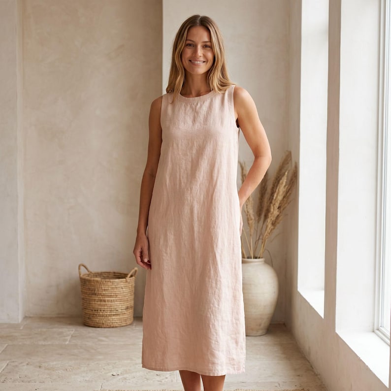 Pu&ograve; includere: Un abito midi senza maniche in una delicata tonalit&agrave; rosa cipria. Il capo presenta un semplice scollo rotondo, una silhouette dal taglio dritto e una finitura in tessuto testurizzato che arriva a met&agrave; polpaccio. Il design &egrave; pulito e funzionale.