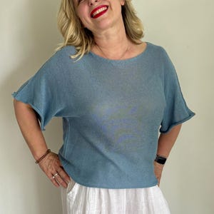 100% Cotton Knitted Women – Lightweight Knit Top, Petite Loose Fit, Short Sleeve Sweater, Natural Fiber Jumper, Holiday Outfit, Blue Jeans