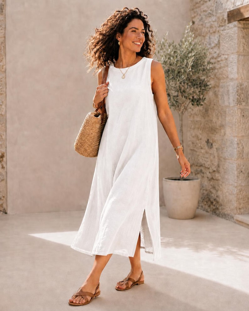 Abito in puro lino – Abito lungo a trapezio in 100% lino con spacco laterale, abito estivo di lusso e sobrio, abito minimalista senza maniche, ideale per le vacanze. immagine 3