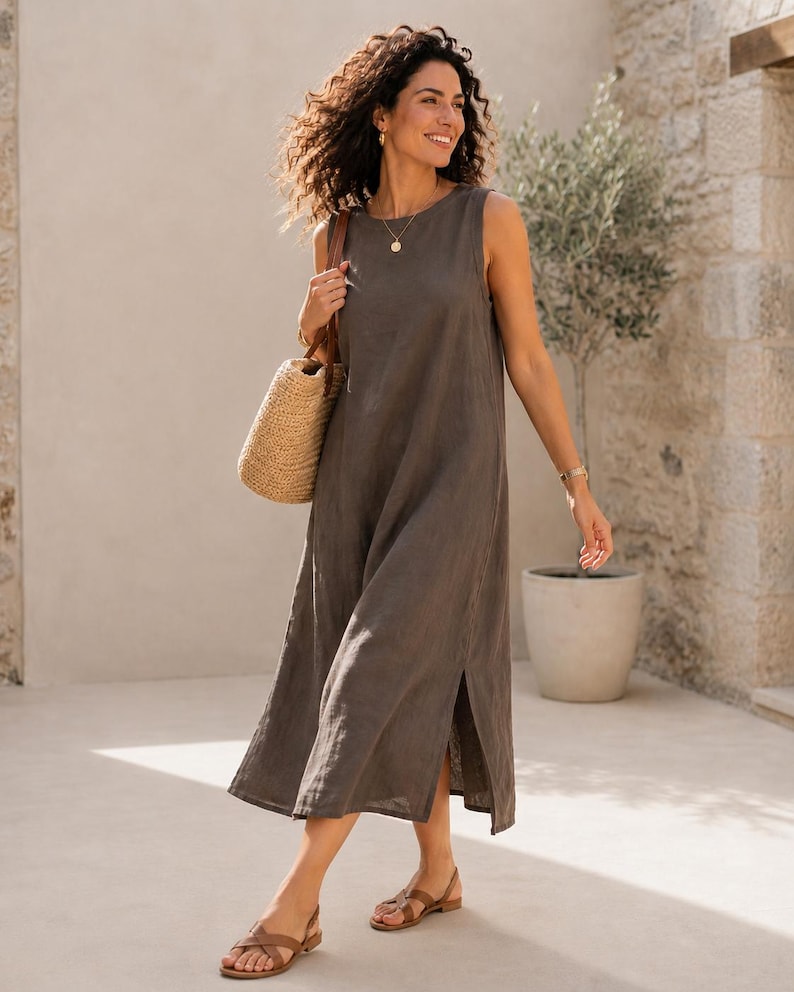 Abito in puro lino – Abito lungo a trapezio in 100% lino con spacco laterale, abito estivo di lusso e sobrio, abito minimalista senza maniche, ideale per le vacanze. immagine 15