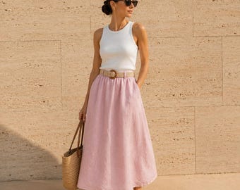 Leinenrock Frauen Hohe Taille Midi 100% Leinen A-Line Rock Elastische Taille Sommer Rock Minimalist Natürliche Kleidung Leinen Rock 7 Farben