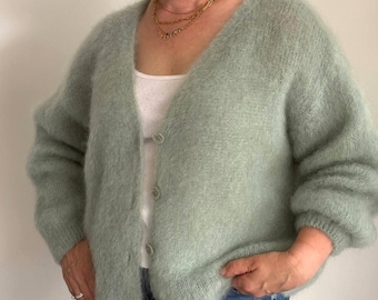 Women’s Mohair Open Cardigan with buttons – Loose Fit Knit | Cozy Lightweight Knitwear| Ready to Style, Sage Green | 3 colours
