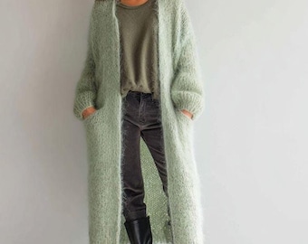 ONE SIZE – Woman Long Hand Made Mohair Cardigan| Loose open Knitted| Soft and Lightweight Knitwear | Sage Green | Blue | Buttercream
