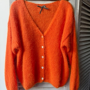 Mohair Cardigan –80% Baby Mohair, Wool, Loose Knit Sweater, Oversized for Petite, Regular Fit, Long Sleeve Wrap, Cozy Layering  Orange