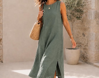 Pure Linen Dress – 100%  Maxi Linen A-Line Dress with Side Slit, Quiet Luxury Summer Dress, Minimalist Sleeveless Dress, Resort Wear