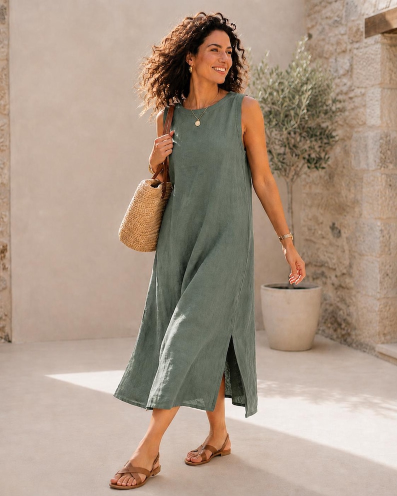 Pu&ograve; includere: Un abito midi senza maniche color verde salvia con scollo rotondo e spacchi laterali sull'orlo. L'abito &egrave; abbinato a una borsa in paglia intrecciata e sandali in pelle marrone. Il capo presenta una silhouette dritta e rilassata.