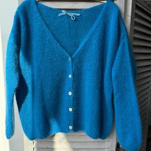 Mohair Cardigan –80% Baby Mohair, Wool, Loose Knit Sweater, Oversized for Petite, Regular Fit, Long Sleeve Wrap, Cozy Layering  Blue