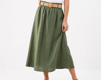 Falda de lino para mujer, cintura alta, midi, 100% lino, corte en A, cintura elástica, falda de verano, estilo minimalista, ropa natural, falda de lino, 7 colores.