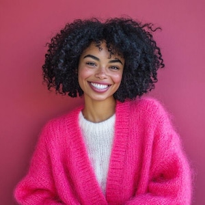 Mohair Cardigan 80% Baby Mohair, Loose Knit Sweater, Oversized for Petite, Regular Fit, Long Sleeve Wrap, Cozy Layering Bright Pink