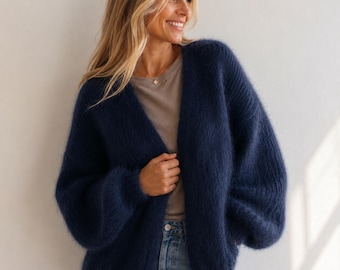 Luxury Mohair Cardigan | Handmade Women’s Knitwear | Soft Layer Sweater | Old Money Quiet Luxury Look | Elegant Scandinavian Style | Blue