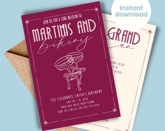 Bikinis And Martinis Invitation Birthday Weekend Hen Party Invite Celebration Tinis & Bikini Art Deco Template Dirty Martini Itinerary