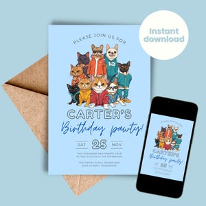 May include: A blue and white birthday party invitation with a group of cats wearing sunglasses and stylish clothing. The invitation says "Carter's Birthday Pawty!" with the date "Sat 25 Nov".