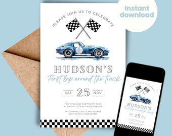 First Lap Around the Track Birthday Invitation, Race Cars invite, Racing Driver, INSTANT DOWNLOAD, Boys Girls Party, First 1st One, Editable