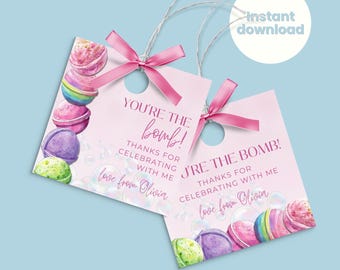 Bath Bomb Party Favors -  Thank you Tags - Girls Spa Party Invite Sleepover - Pink Themed INSTANT DOWNLOAD Editable Template - Gift Tags