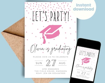 Graduation Party Printable Invitation - Pink Glitter Canva Template - Class of 2025 Graduation Dinner Invite - Editable INSTANT DOWNLOAD