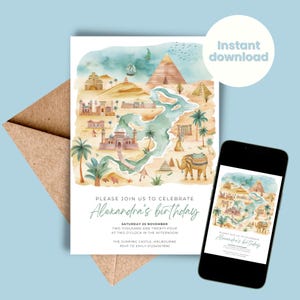 Egyptische uitnodiging voor verjaardagsfeestje kaart oude Egypte jongens meisjes uitnodigen piramide kameel schat bewerkbare sjabloon INSTANT DOWNLOAD bewerkbare