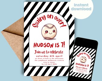 May include: A baseball-themed birthday party invitation with black and white stripes. The invitation features a cartoon baseball with a smiling face and the text "Swing on over! Hudson is 7!"  Join us to celebrate Saturday, 6th April at three o'clock in the afternoon. The Jumphouse Melbourne Victoria. RSVP to Tanya by 3rd April 2024.