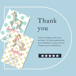 May include: Two printable invitations for a child's birthday party. The invitations feature a unicorn with a pink heart on its side and a polka dot background. The text on the invitations reads "Sophia is turning six!" and "Sophia is turning two!"
