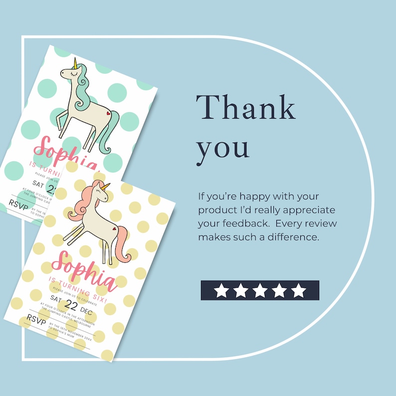 May include: Two printable invitations for a child's birthday party. The invitations feature a unicorn with a pink heart on its side and a polka dot background. The text on the invitations reads "Sophia is turning six!" and "Sophia is turning two!"