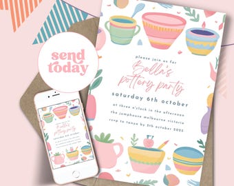 May include: A white invitation card and a smartphone displaying the same design, featuring colorful illustrations of pottery bowls and mugs. The text reads: please join us for Bella's pottery party, saturday 6th october, at three o'clock in the afternoon, the jumphouse melbourne victoria, rsvp to tanya by 5th october 2023.