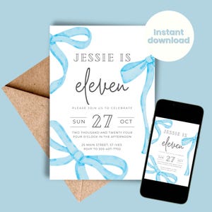 May include: A blue and white birthday invitation with watercolour blue bows and the text "Jessie is eleven". The invitation includes the date "Sun 27 Oct" and the time "Two thousand and twenty four, four o'clock in the afternoon".