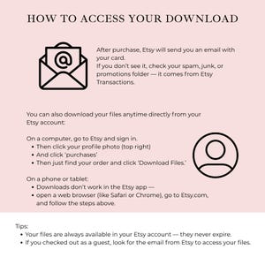 May include: An instructional graphic titled HOW TO ACCESS YOUR DOWNLOAD on a light pink background. It features black line icons of an envelope with an at-symbol and a user profile. The text explains how to retrieve digital files via email or Etsy account settings on computers, phones, and tablets, including tips for guest checkouts.