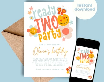 Ready Two Party Invitation Template, Girl 2nd Birthday, Second Party Invite, Groovy Retro Celebration INSTANT DOWNLOAD DIY Invite, Flowers