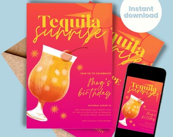 Invito di compleanno Tequila Sunrise - Invito per festa di compleanno con cocktail - DOWNLOAD IMMEDIATO - Brunch, addio al nubilato, addio al nubilato, festa di compleanno