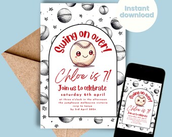 Softball Birthday Party Invitation Printable INSTANT DOWNLOAD Edit Now Girl Boy Sports Invite Editable Baseball Invite Swing on Over