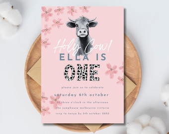 Holy Cow Birthday Invitation Girl Holy Cow Invite Editable Cowgirl Invitation First Birthday 1st Bday Downloadable Canva A101