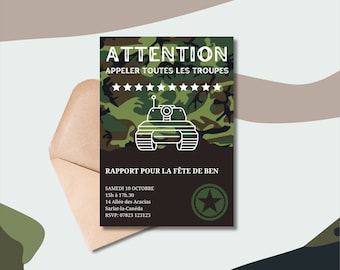 Puede incluir: Una invitación con estampado de camuflaje con un contorno de tanque blanco y el texto "ATTENTION APPELER TOUTES LES TROUPES RAPPORT POUR LA FÊTE DE BEN SAMEDI 10 OCTOBRE 15h à 17h.30 14 Allée des Acacias Sarlat-la-Canéda RSVP: 07823 123123".