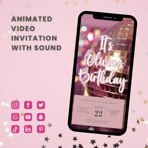 Disco Birthday Evite Invitation Template | Girls Birthday Invitation | Electronic Party Invite | Dance Invite | Digital File | Glitter Ball