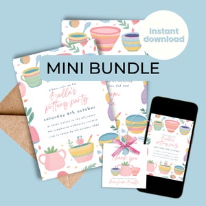Keramik Gemälde Party Einladung Bundle Laden Danke Karte und Favor Tag Kunst Geburtstag Handwerk Mädchen Jungen Vorlage Bearbeitbar Herunterladbar