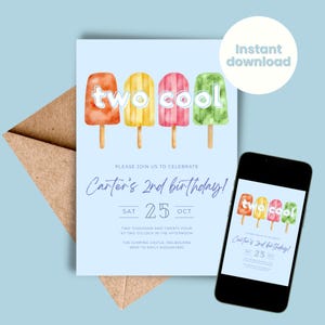2つのクールな誕生日招待状テンプレート 即時ダウンロード アイスクリームスウィーティー招待状 2歳の誕生日 2 2歳の男の子 青いアイスキャンディー アイスキャンディー