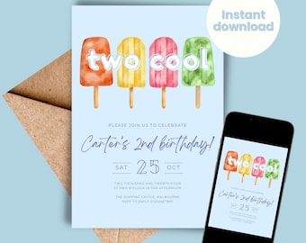 May include: A blue and white birthday invitation with a watercolor illustration of four popsicles with the text "two cool" on them. The invitation is for Carter's 2nd birthday and is set for Saturday, October 25th at 2:00 PM at The Jumping Castle in Melbourne. RSVP to Emily at 01234567890.