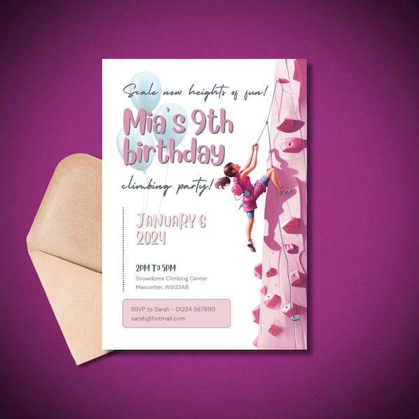 Girls Climbing Birthday Invitation | Climbing Wall Invite | Rock Climbing Party | Girls Birthday | Indoor Party | Canva Editable | Download