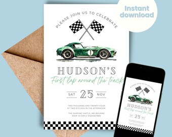 First Lap Around the Track Birthday Invitation, Race Cars invite, Racing Driver, INSTANT DOWNLOAD, Boys Girls Party, First 1st One, Editable
