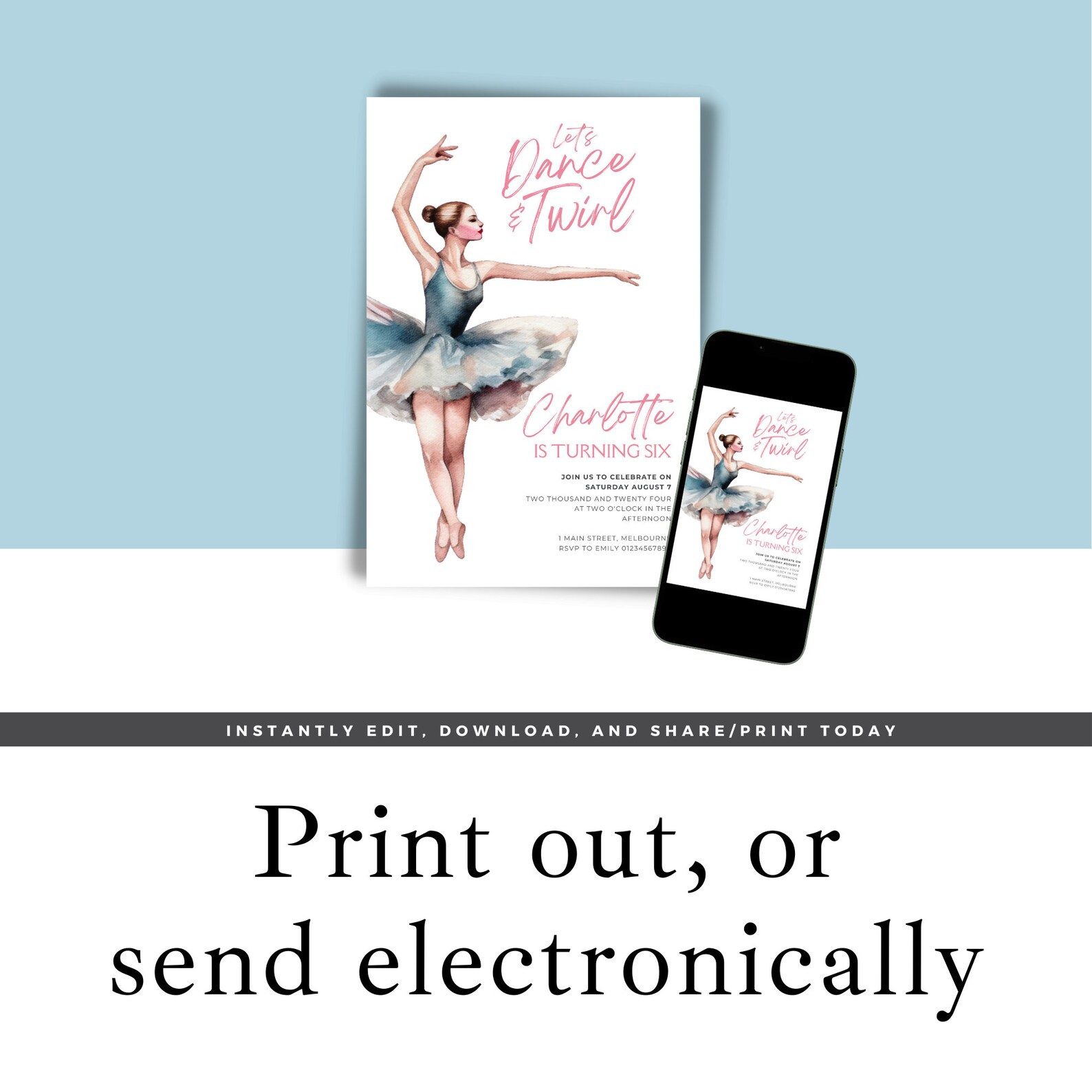 Ballerina Birthday Party Invitation Girls Ballet Invite Dance and Swirl ...