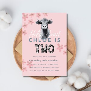 Holy Cow Birthday Invitation Girl Holy Cow Invite Editable Cowgirl Invitation Second Birthday 2nd Bday Downloadable Canva A101