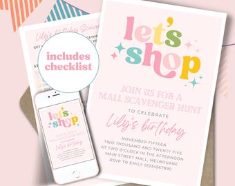 Mall Scavenger Hunt Birthday Invitation and Checklist: Editable Birthday Party Invite, Pink Treasure Hunt, Let's Shop, Digital Download
