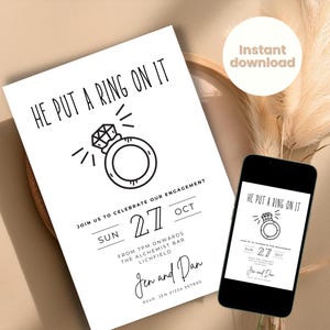 Engagement Party Invite, He put a ring on it Invitation editable template INSTANT DOWNLOAD, Simple Elegant Monochrome Minimalist Black White